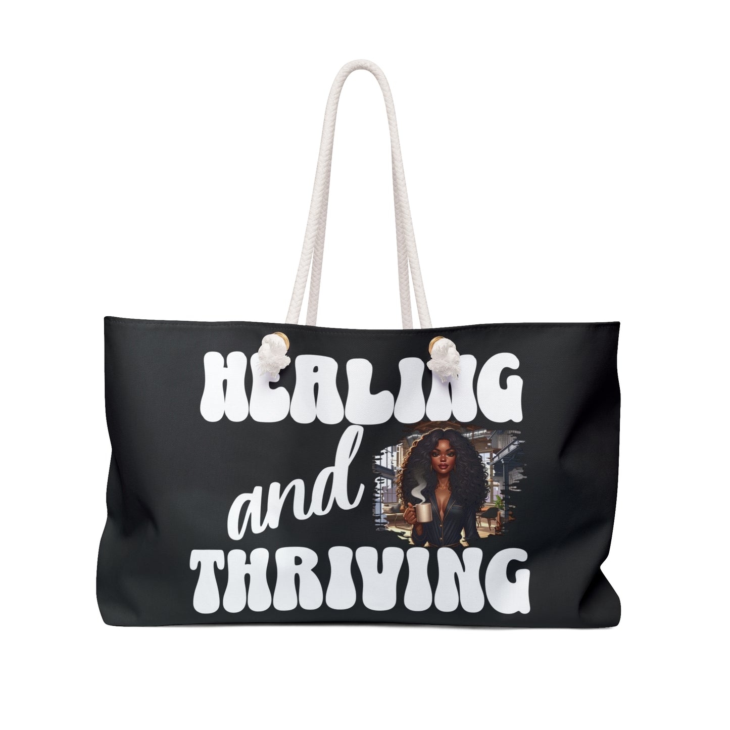 Healing & Thriving; Oversized Weekender Tote (White on Black)